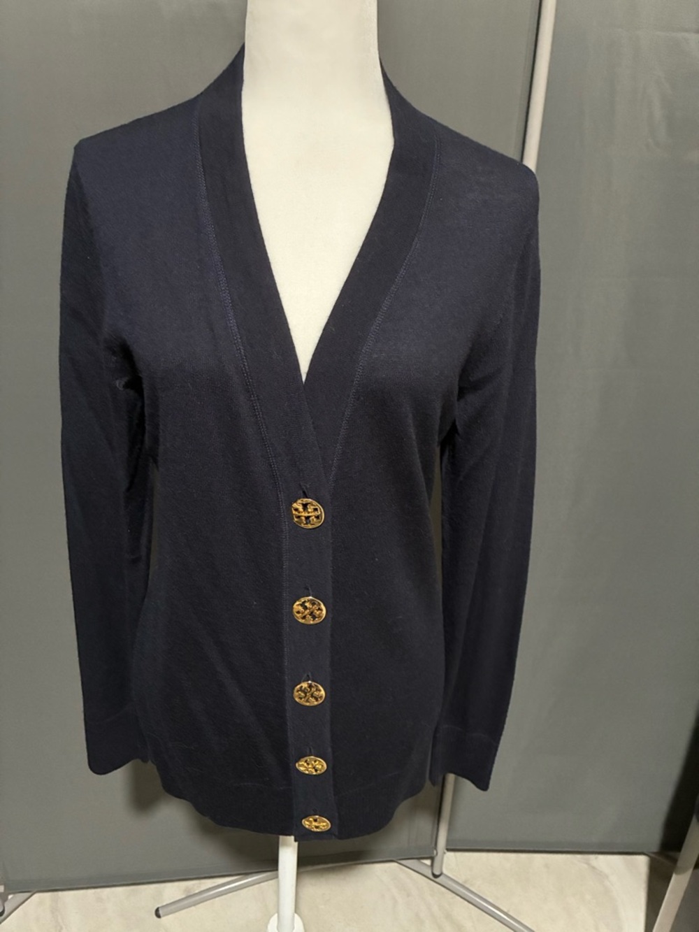 Tory Burch Navy V-Neck Cardigan with Gold Logo Buttons
